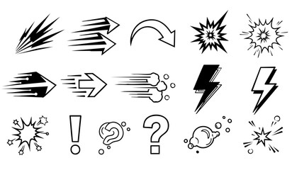 Comic boom cartoon effect line element set. Comic speech bubble pow, boom text, explosive splash smoke, wow cartoon vector icon. Hand drawn sketch doodle explosive element. Vector illustration. © Miftahul Nehar
