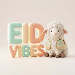 "Cute 3D cartoon sheep character with Eid Vibes typography for Eid al-Adha celebration, modern pastel Islamic greeting and social media post concept"