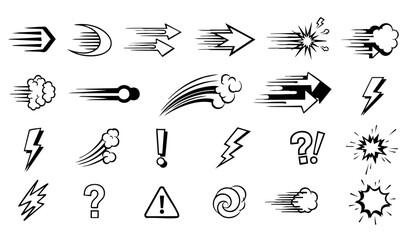 Comic boom cartoon effect line element set. Comic speech bubble pow, boom text, explosive splash smoke, wow cartoon vector icon. Hand drawn sketch doodle explosive element. Vector illustration. © Miftahul Nehar