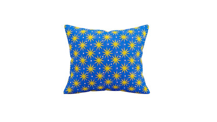 3D Blue throw pillow with yellow star pattern on transparent background