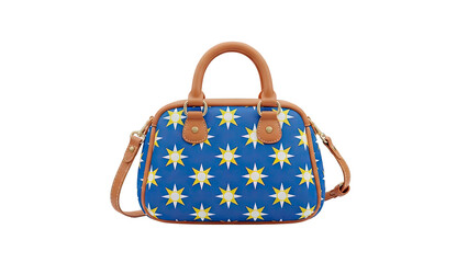 3D Blue Star Pattern Handbag with Brown Leather Accents on transparent background