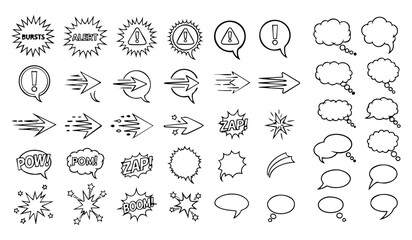 A vibrant collection of comic explosion effects speech bubbles and dynamic text elements on transparent background © Miftahul Nehar