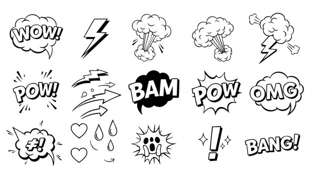 Comic boom cartoon effect line element set. Comic speech bubble pow, boom text, explosive splash smoke, wow cartoon vector icon. Hand drawn sketch doodle explosive element. Vector illustration.