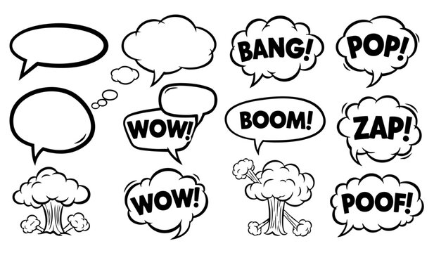 Comic boom cartoon effect line element set. Comic speech bubble pow, boom text, explosive splash smoke, wow cartoon vector icon. Hand drawn sketch doodle explosive element. Vector illustration.