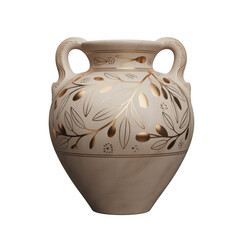 White ceramic amphora with gold leaf and olive branch against black transparent background