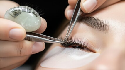 Applying eyelash extensions with tweezers for beauty enhancement