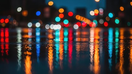 Rainy night cityscape with vibrant street lights reflection
