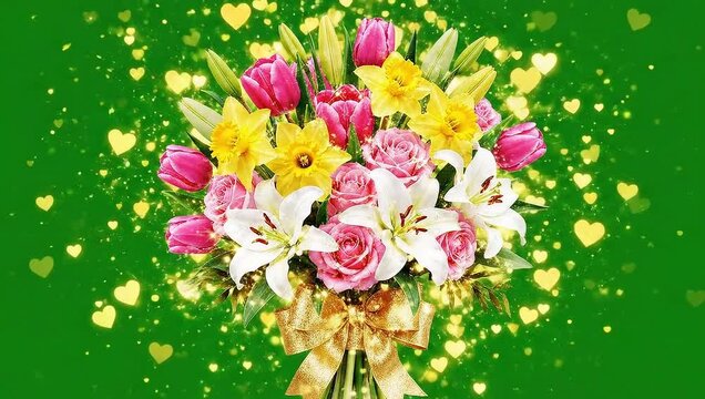 A beautiful bouquet of colorful flowers with sparkling hearts on a green background.