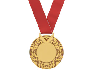 Golden medal with red ribbon and laurel wreath on transparent background black background