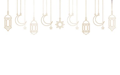 "Minimalist gold line art of hanging Ramadan lanterns, crescent moons and stars on white background for Islamic greeting card and invitation border design"