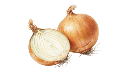Isolated Realistic Hand-Drawn Yellow Onion Illustration with Whole and Sliced Half isolated PNG with Transparent Background