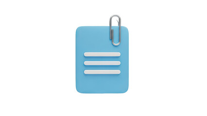 3D Blue document with paperclip and lines on transparent background