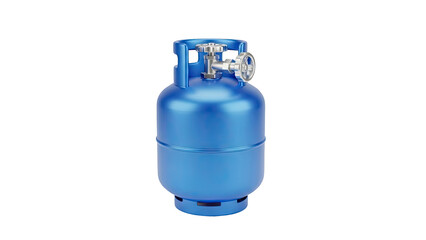 3D Blue gas cylinder with silver valve and handle on transparent background