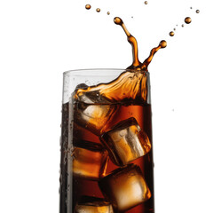 A glass of dark brown soda with ice cubes and splashing liquid against a transparent background