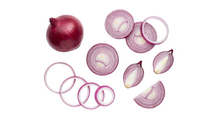 Whole Red Onion with Slices and Rings, Isolated, Top View isolated PNG with Transparent Background
