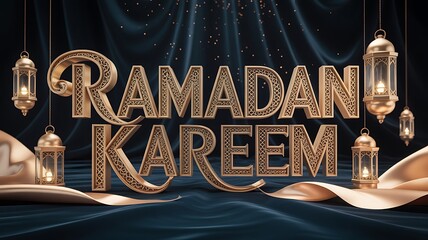"Luxury Ramadan Kareem 3D golden typography with ornate lanterns and dark blue silk curtains for Islamic holy month celebration banner"