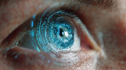 Close-up of futuristic eye with digital blue iris scan and glowing cybernetic patterns