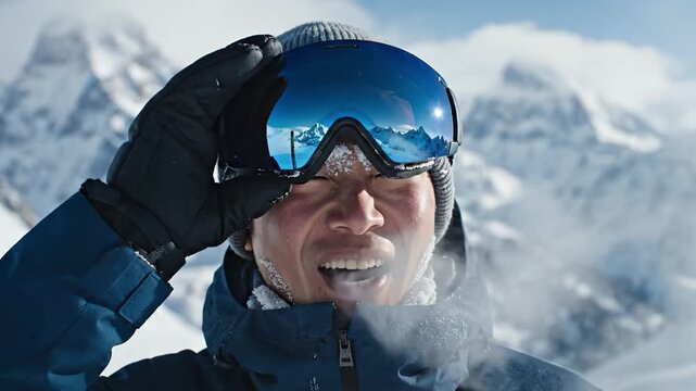 Close up of Asian skier adjusting goggles with visible breath vapor in cold air. Represents winter sports adventure and active lifestyle. Great for travel and recreation themes.