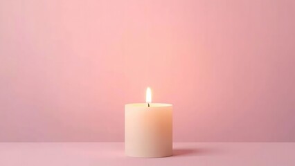 A lit white candle on a pink background with a soft glow