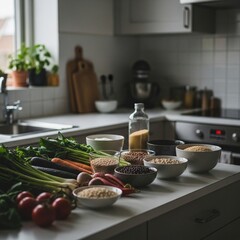 Plant-based January start with fresh vegetables on kitchen counter, winter daylight, realistic healthy eating lifestyle and conscious nutrition choice