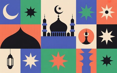 "Modern minimalist Ramadan and Eid Mubarak background with geometric shapes, mosque silhouette, lantern, stars and moon in flat design style for festive Islamic event"