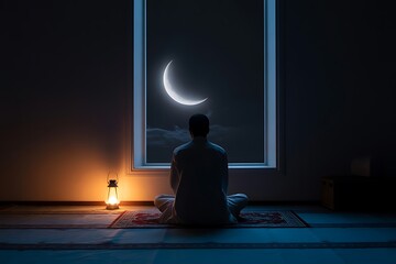 "Spiritual Muslim man sitting on prayer rug looking at crescent moon through open window at night, Ramadan moon sighting and midnight prayer reflection concept"