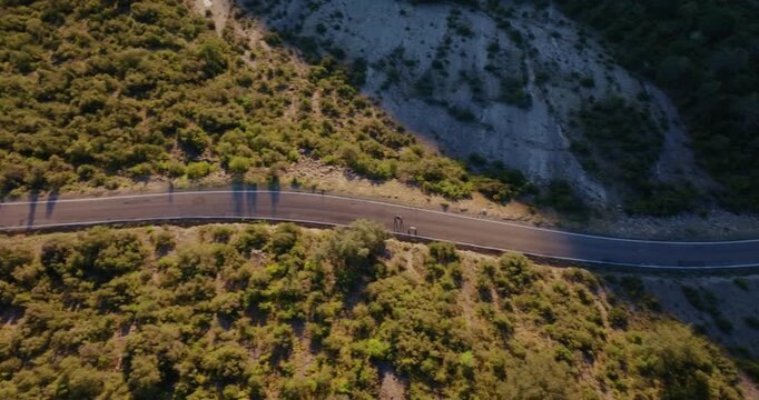 Top down drone tracking shot follows two cyclists riding on HU‑641 mountain road cutting through dense Mediterranean shrubland and pine forest near Mirador de Fuebla&ndash;A&iacute;nsa corridor in Huesca, Spain