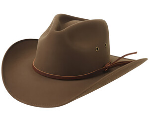 A tan felt cowboy hat with a brown leather band and two ventilation holes on transparent background