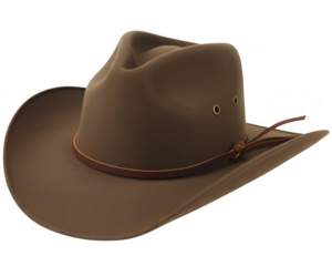 A tan felt cowboy hat with a brown leather band and two ventilation holes on transparent background