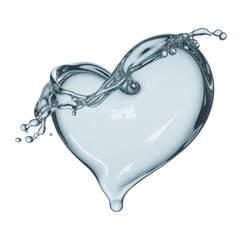 3 D rendered glossy liquid heart shape with flowing water droplets on black transparent background