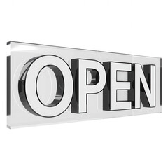 Sleek transparent background transparent open sign with white letters on black background