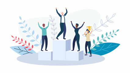 Diverse team celebrating success on podium with leaves