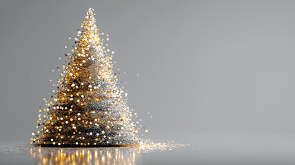 A modern abstract Christmas tree formed from shimmering gold and silver particles, glowing softly against a minimalist gray background, creating an elegant and festive holiday atmosphere