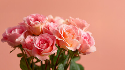 A delicate bouquet of soft pink roses arranged elegantly against a pastel toned background, creating a romantic, gentle, and dreamy atmosphere with a sense of freshness and timeless beauty.