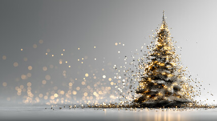 A modern abstract Christmas tree formed from shimmering gold and silver particles, glowing softly against a minimalist gray background, creating an elegant and festive holiday atmosphere
