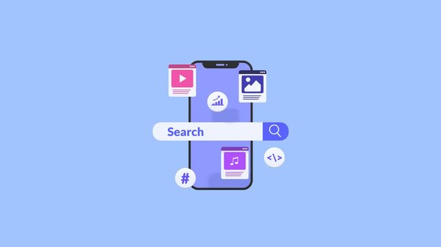 Animated Smartphone Showing Search Engine Optimization And Digital Marketing Concepts For Online Visibility, Content Strategy, Analytics, And Modern Business Promotion.