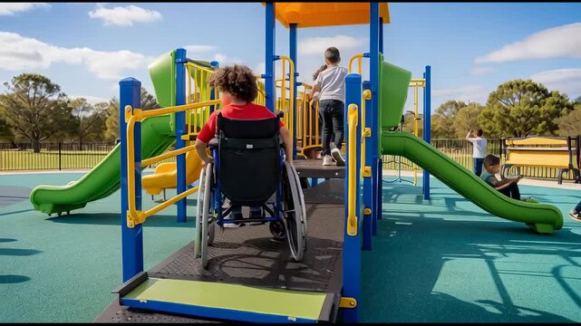 Happy boy in a wheelchair at an inclusive playground with friends. Child with disability using an accessible ramp to play. Social inclusion and diversity concept