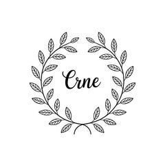 Transparent background White botanical vine wreath with cursive name Erne on black background leaves