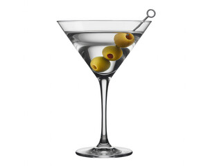 A martini glass with three green olives and a silver stirrer on a black transparent background