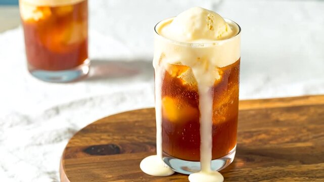 A tall, chilled beverage with an ice cream scoop topping, on a wooden board