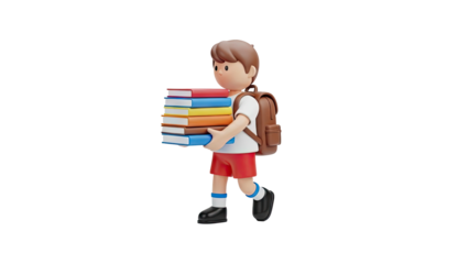 3D Cartoon boy carrying a stack of books with a backpack on transparent background