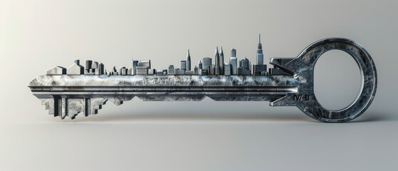 Closeup of a key with cityscape on it, success in real estate market concept. 