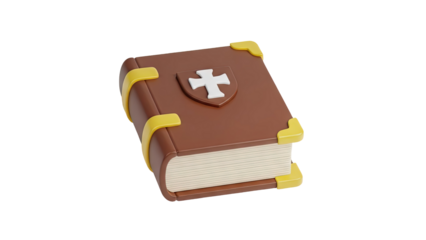 3D Cartoon brown book with yellow details and a cross emblem on transparent background