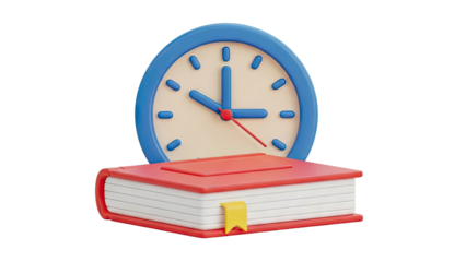 3D cartoon clock on a book with a yellow bookmark on transparent background
