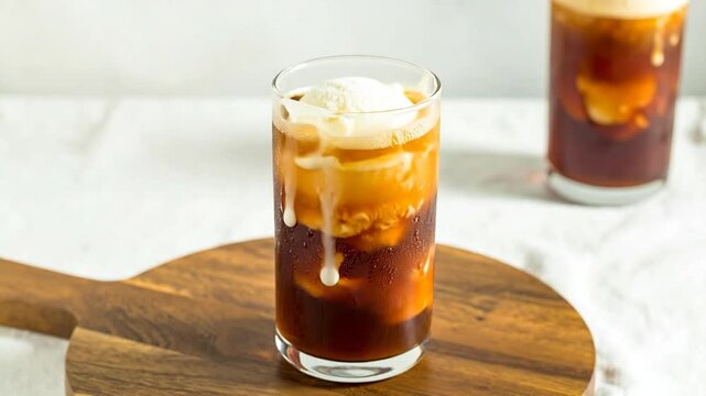 A tall glass of a cold beverage topped with ice cream, resting on a wooden board. Another glass in the background