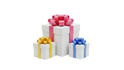3D Three White Gift Boxes with Colorful Ribbons and Bows on transparent background