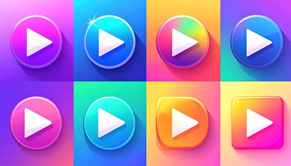 A vibrant collection of eight modern play button icons, each with a white arrow symbol on a colorful gradient background, perfect for digital media interfaces and applications