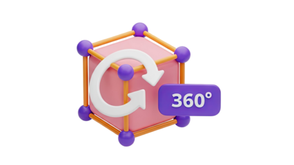 3D 360 Degree Rotation Icon with 3D Cube and Arrows on transparent background