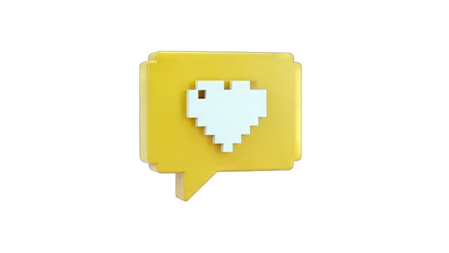 3D Pixel Heart in Yellow Speech Bubble Icon on transparent background - Powered by Adobe