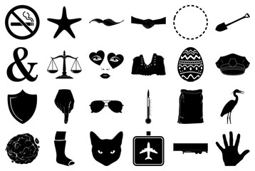Assorted Black and White Icons and Silhouettes Keywords: no smoking, starfish, mustache